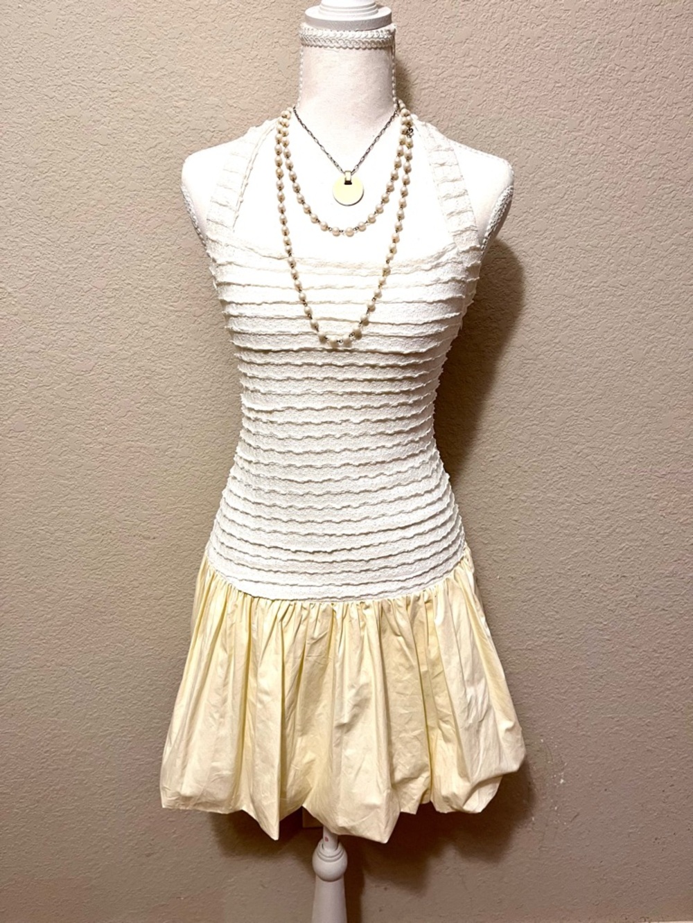 Sky and moon Sleeveless White & Cream Textured Ruffle Hem Dress